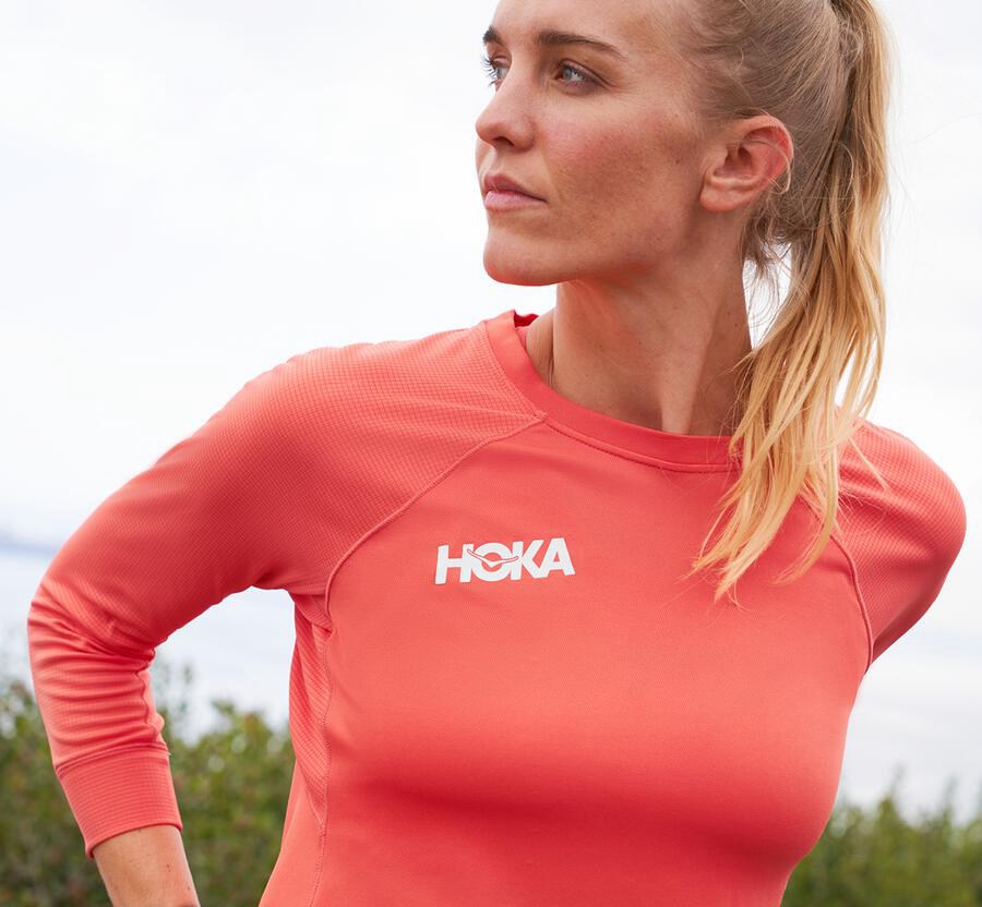 Hoka Australia One One Performance 3/4 Sleeve - Womens Tops Orange - HYFGZ-2863